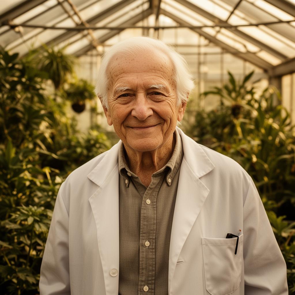 Portrait of Dr. Robert W. Flanoy in a sunlit greenhouse