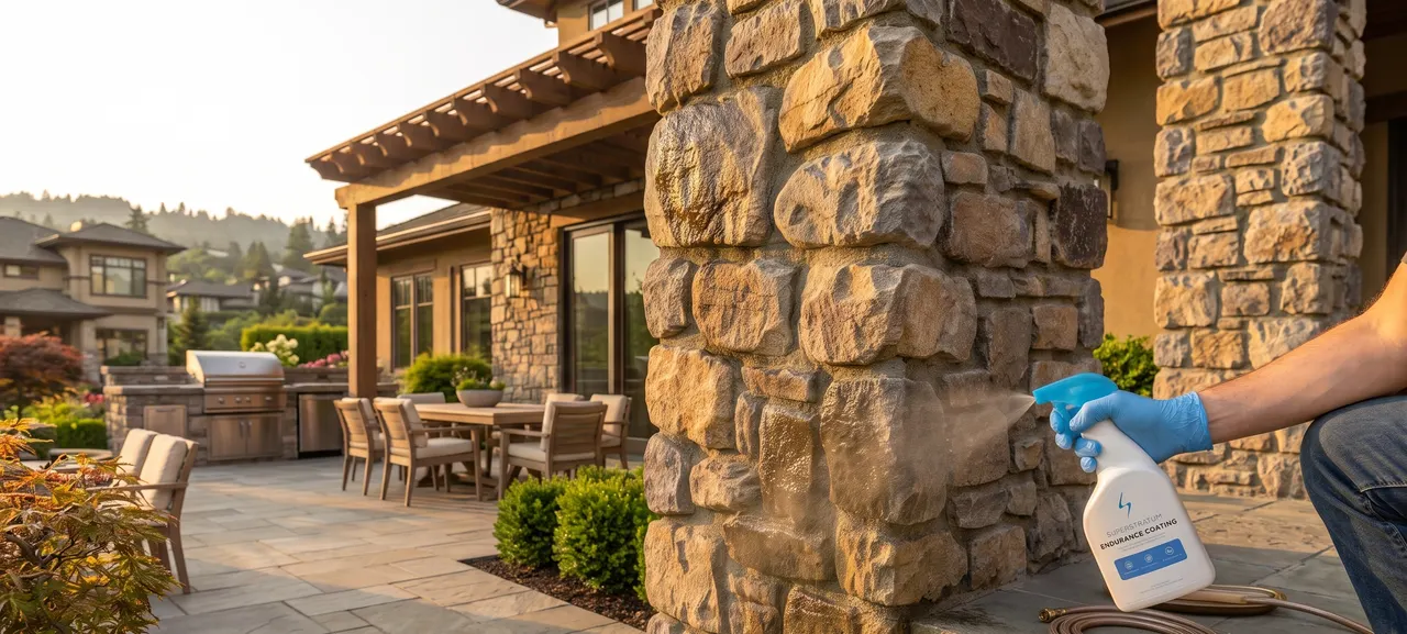 Superstratum Endurance Coating being sprayed onto an exterior stone wall