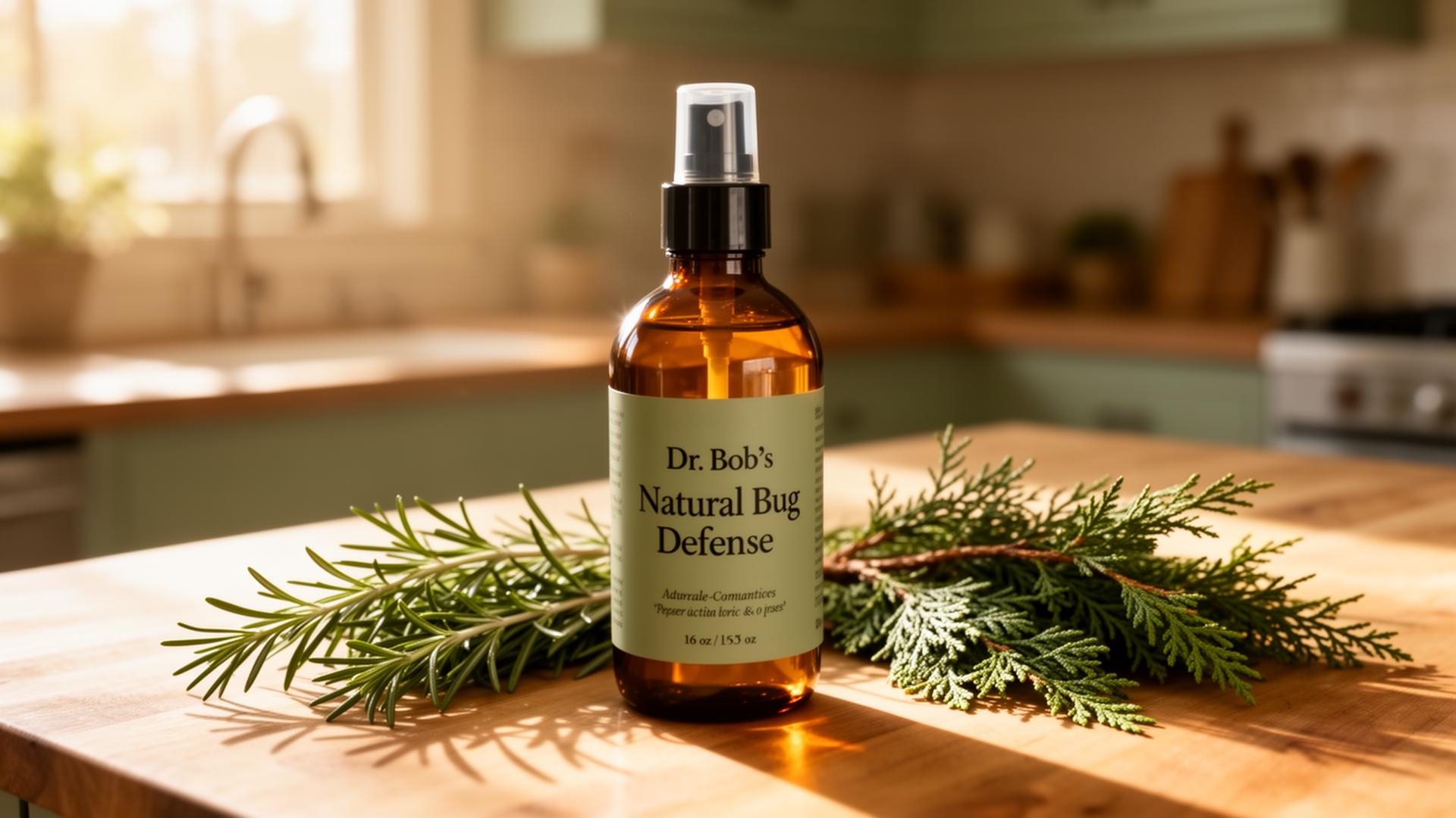 Dr. Bob's Natural Bug Defense 16oz amber spray bottle on a sunlit kitchen counter with rosemary and cedar
