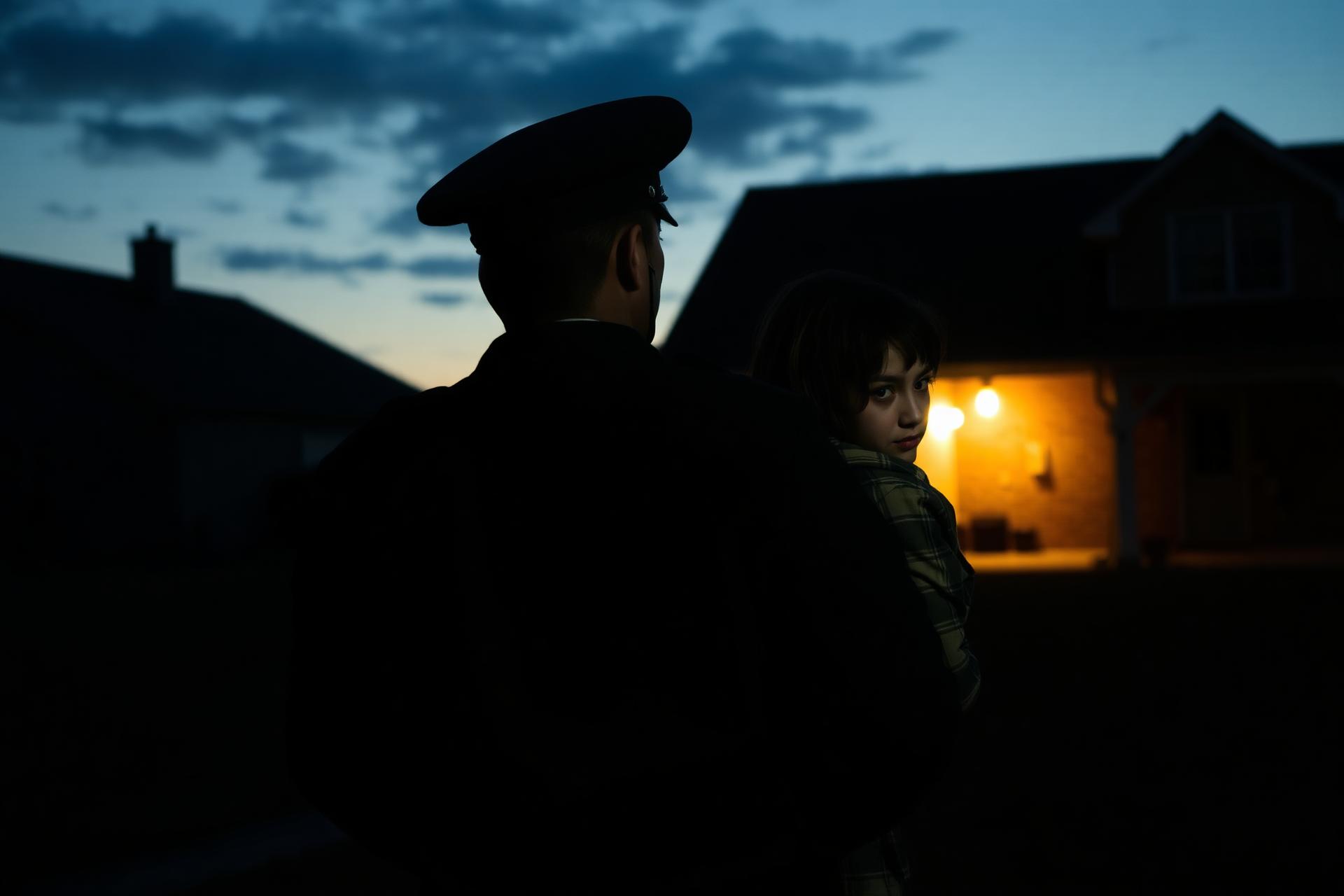Service member and child in front of base housing at dusk