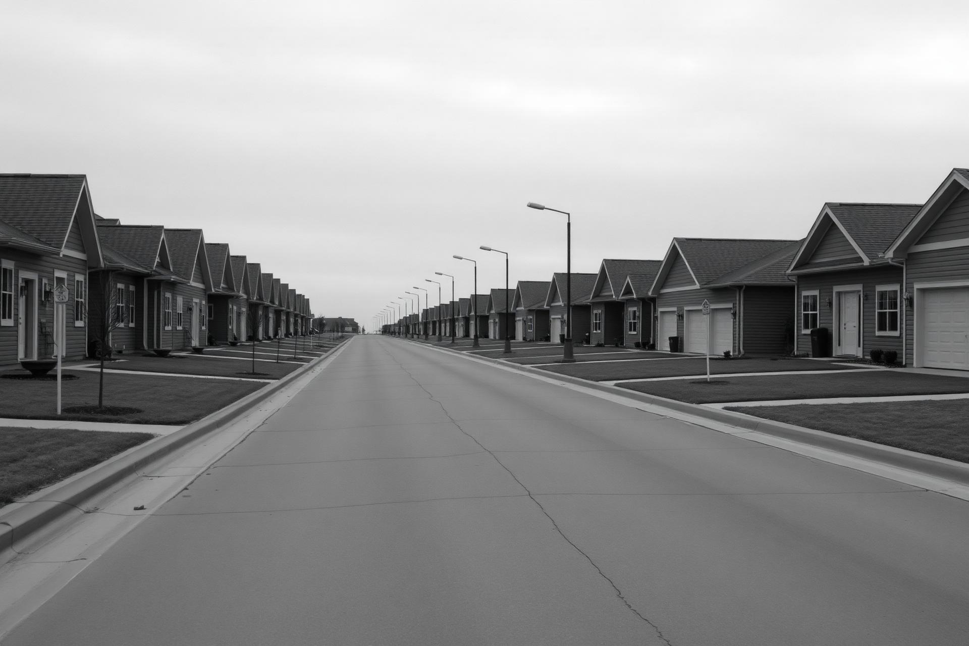 Rows of identical military base housing under an overcast sky
