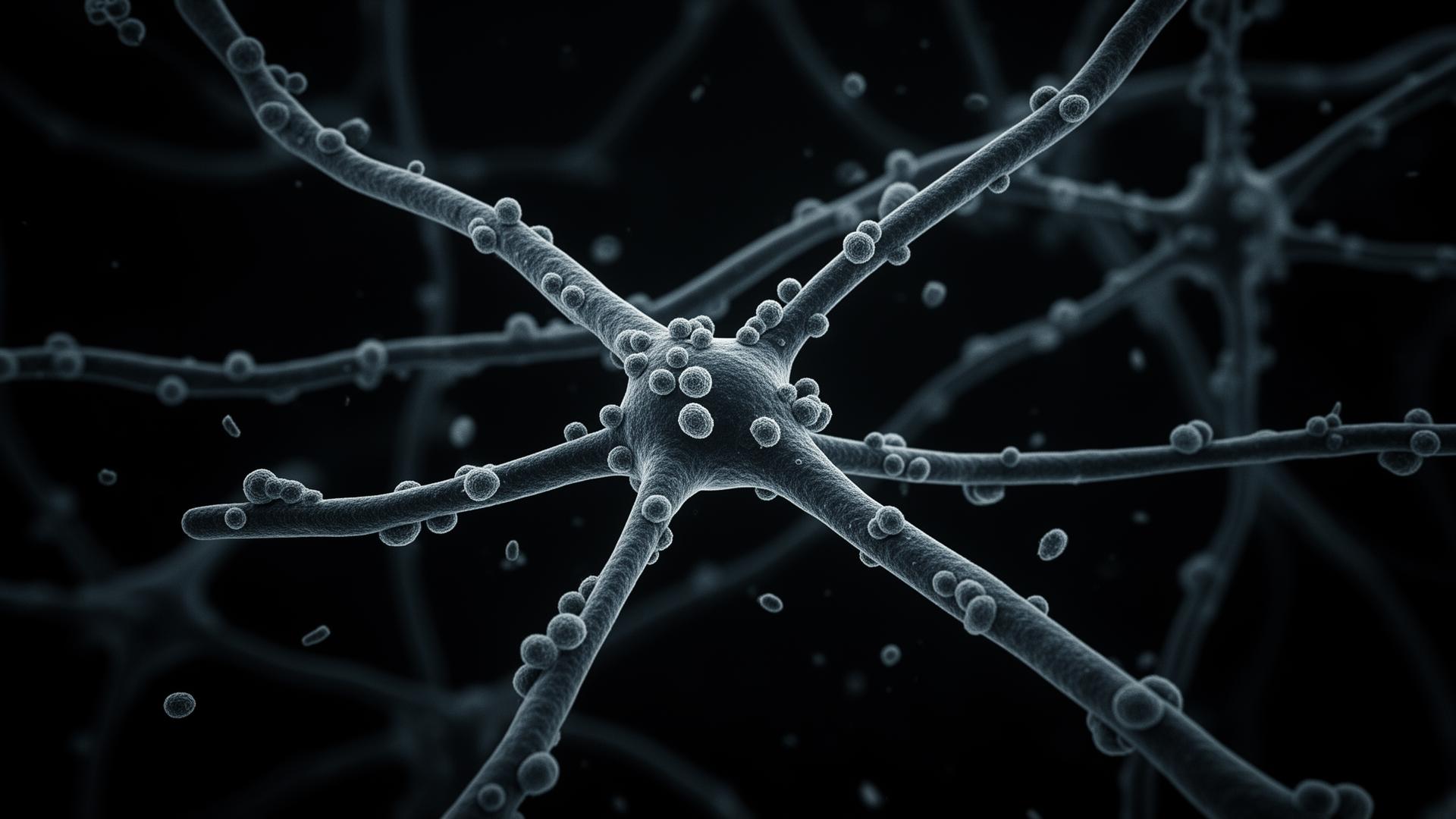 Microscopic view of fungal hyphae and spore structures