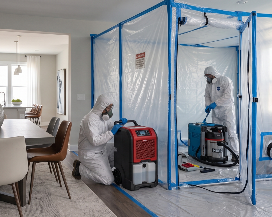 Remediation crew in hazmat suits working inside a containment tent in a home