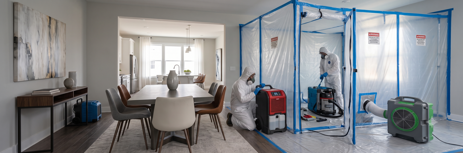 A remediation crew in hazmat suits works inside a sealed containment tent in a home — a clean, furnished dining room just steps away