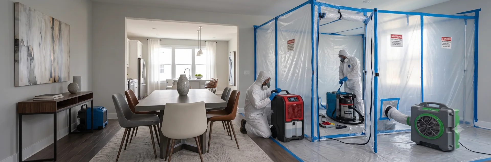 A remediation crew in hazmat suits works inside a sealed containment tent in a home — a clean, furnished dining room just steps away