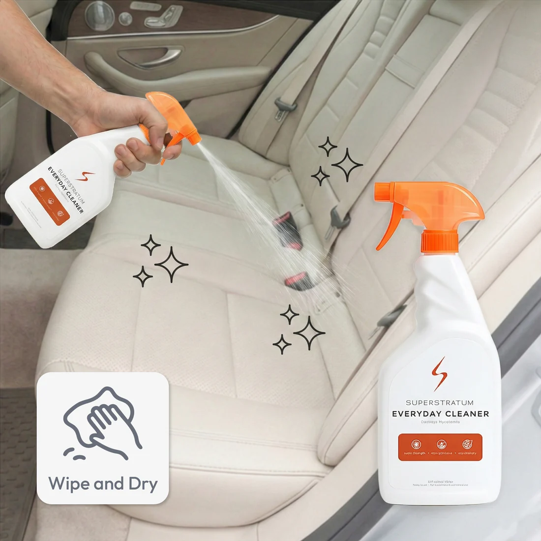 Superstratum Everyday Cleaner wiping down car interior surfaces