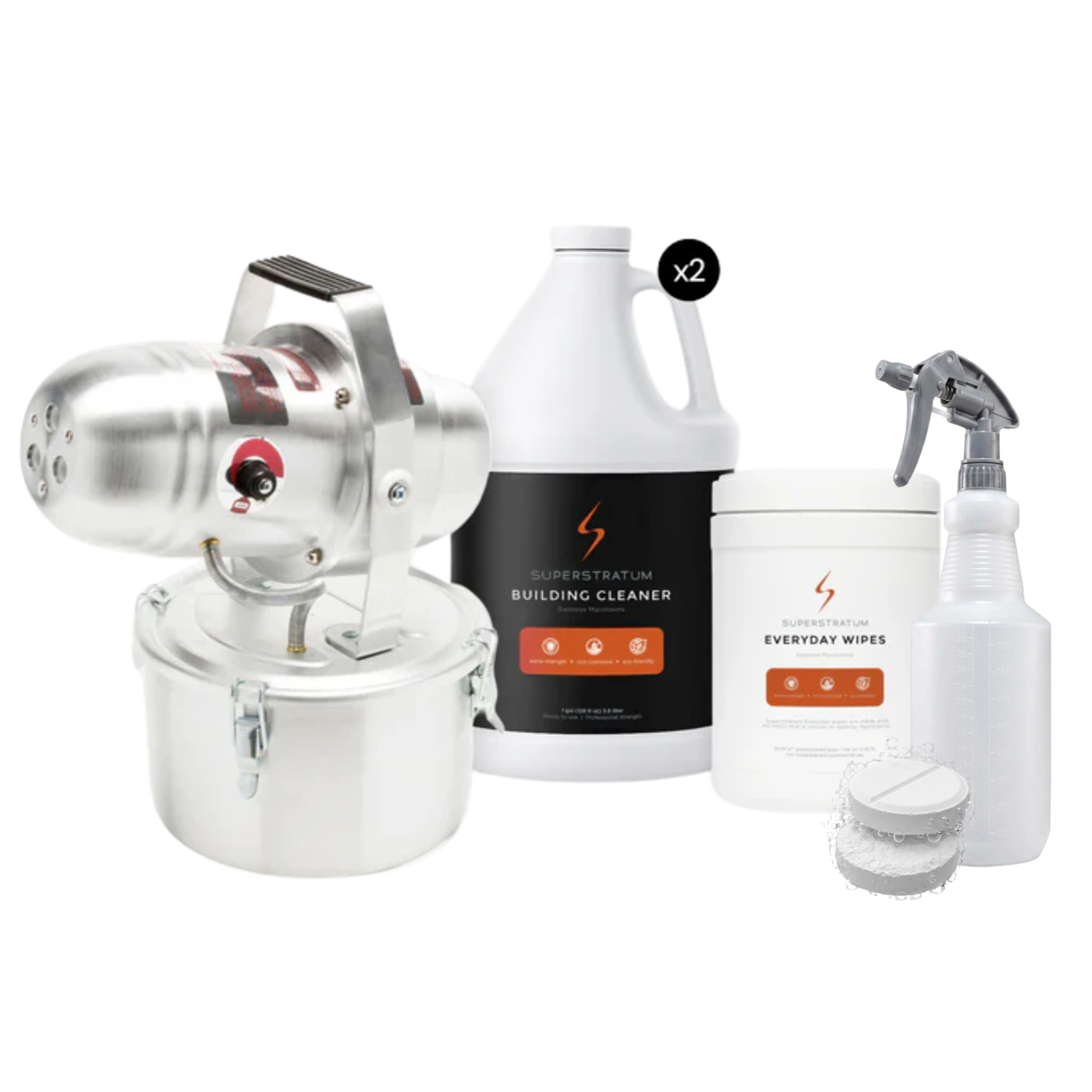 The complete Home Air Reset System — Tri-Jet fogger, two gallons of Building Cleaner, Everyday Wipes, PurOne tabs, and a spray bottle