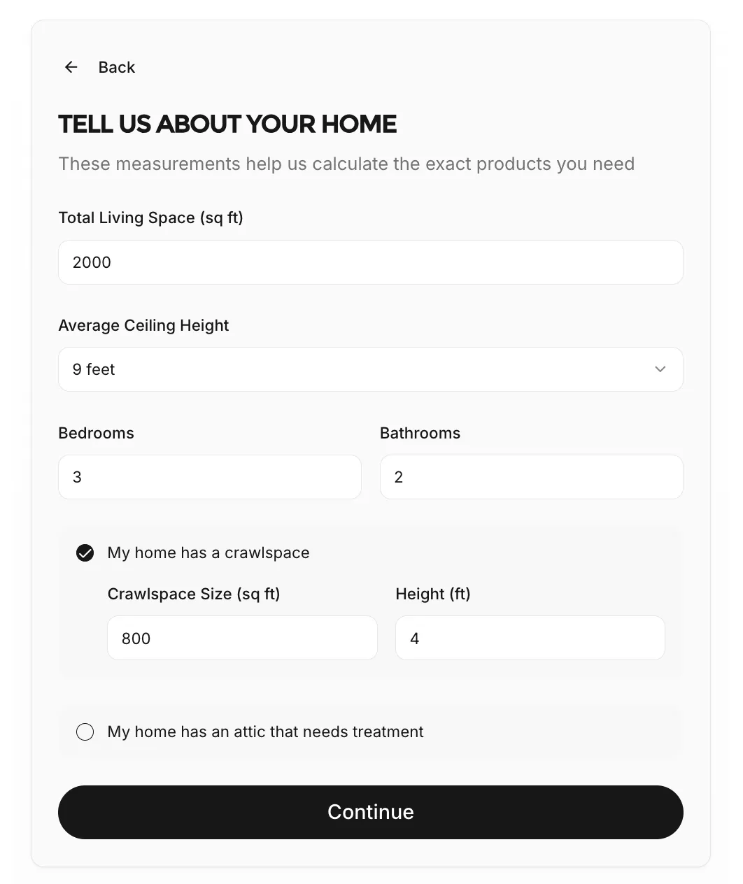 Home Calculator — enter your home's details to get a custom Whole Home Detox package