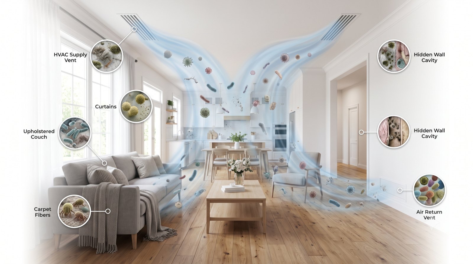 Cutaway of a living room showing where mold spores, mycotoxins, bacteria, and allergens hide — HVAC ductwork, curtains, upholstered sofa, carpet, and behind baseboards — and circulate through the air