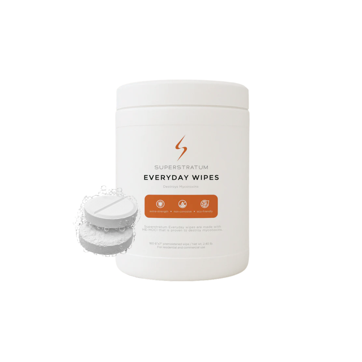Superstratum Everyday Wipes canister beside PurOne effervescent disinfecting tabs