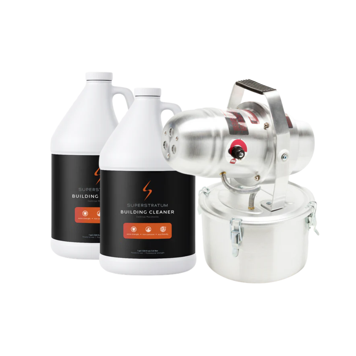 Two gallons of Superstratum Building Cleaner beside the Tri-Jet ULV fogger