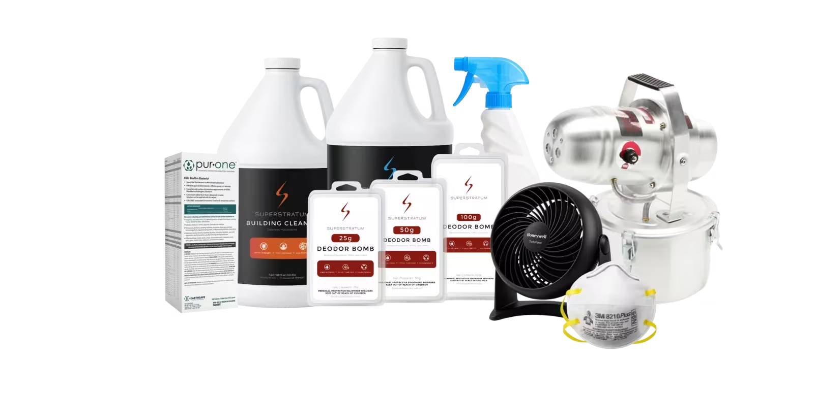 The Superstratum system: building cleaner, deodor bombs, fogger, fan, mask, and PUR-ONE.