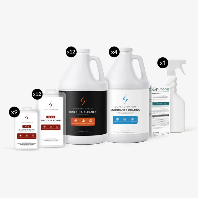 The Whole Home Detox kit — Building Cleaner, Endurance Coating, Deodor Bombs, and Pur-One spray with quantities